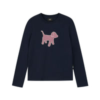 Embroidered Plaid Dog Crew Neck Top