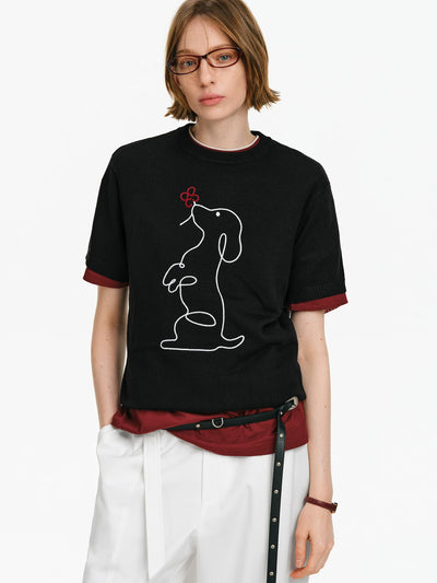 Embroidered Wool Short-Sleeve Knit Top