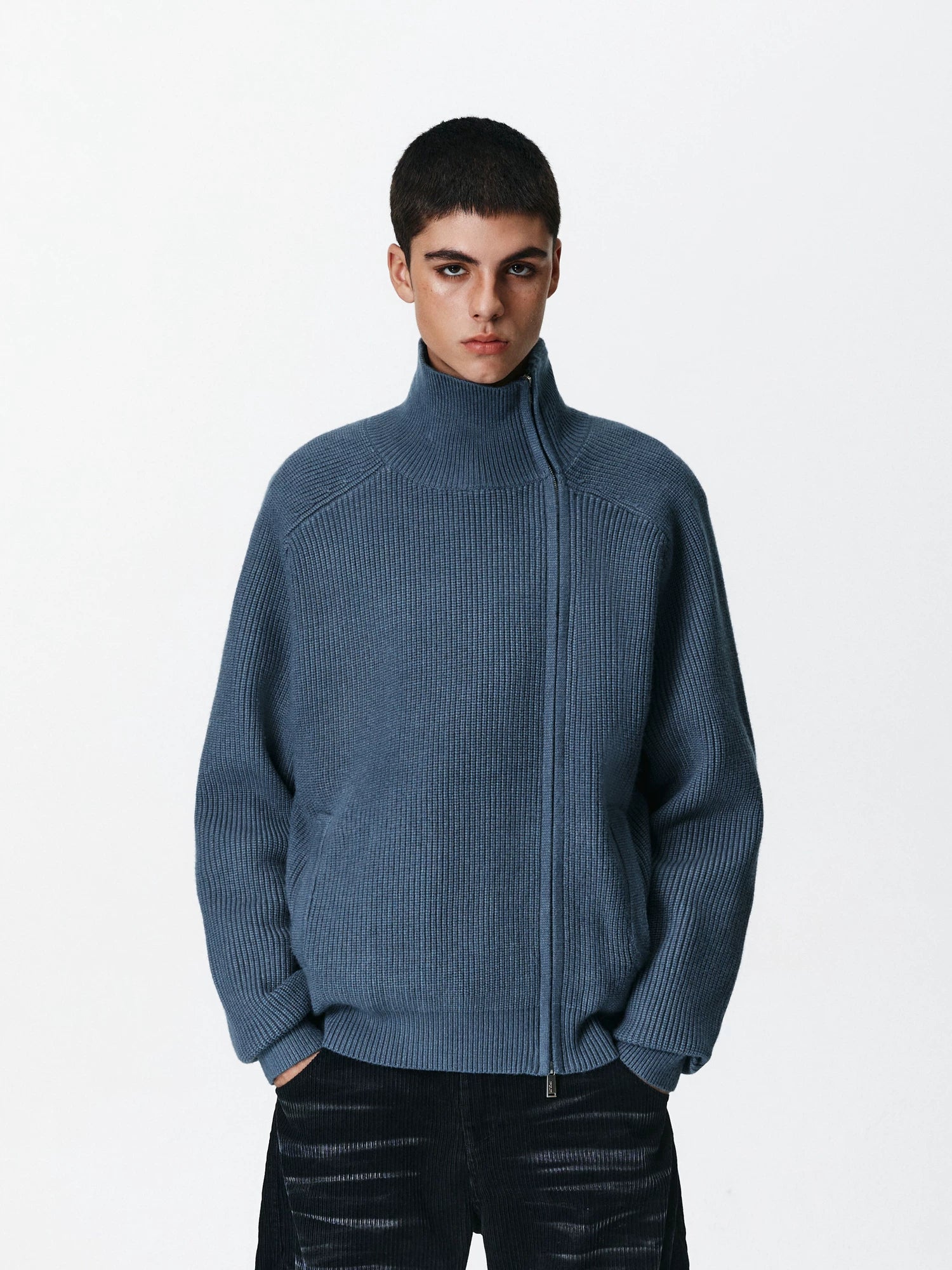 Asymmetric Zip Ribbed Knit Cardigan