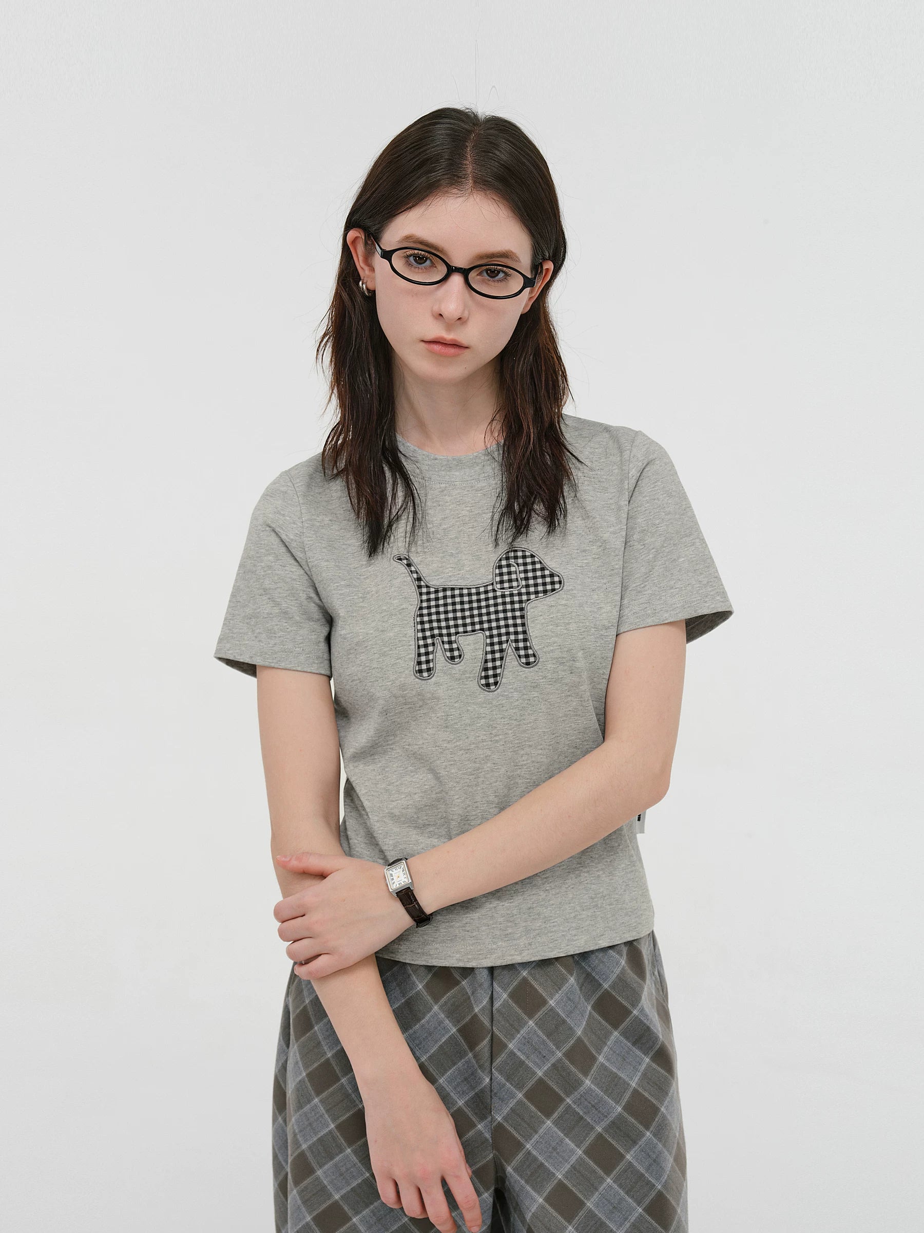 Gingham Puppy Patch Cotton T-Shirt