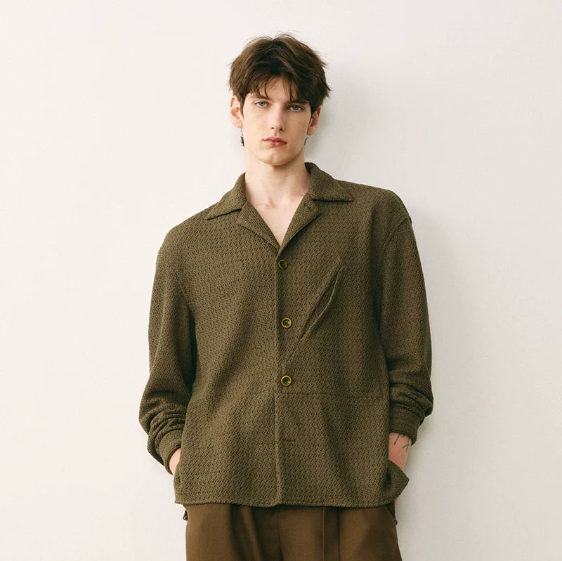 Textured Olive Cuban Collar Shirt