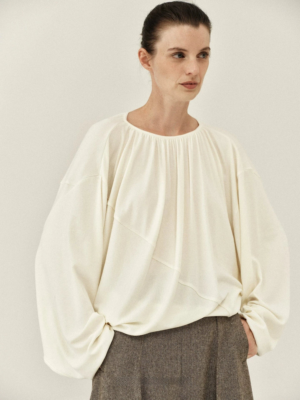 Pleated Round-Neck Draped Knit Top