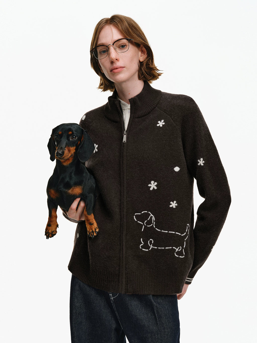 Embroidered Puppy Motif Zip-Up Cardigan