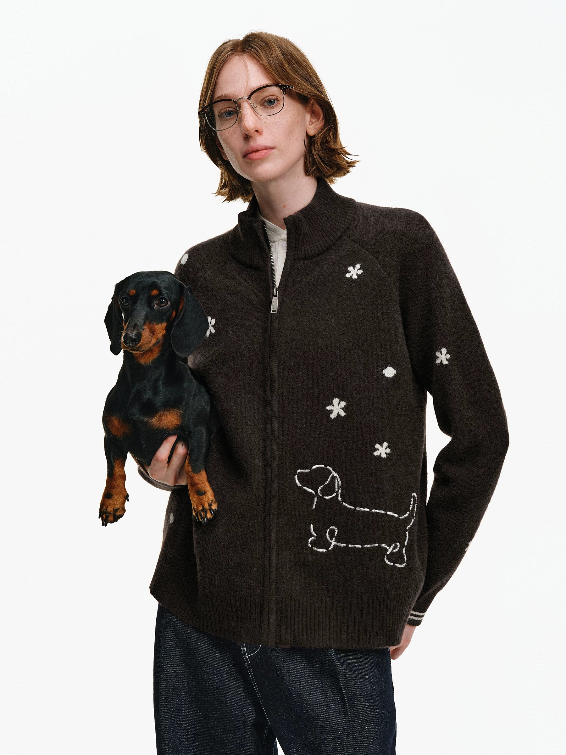 Embroidered Puppy Motif Zip-Up Cardigan