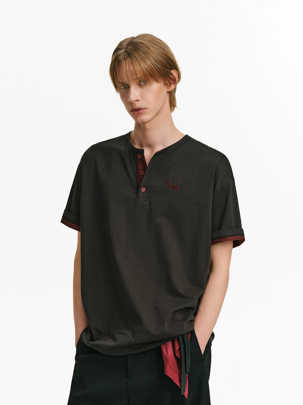 Embroidered Puppy Henley T-Shirt