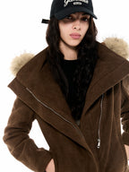 Asymmetric Suede Hooded Jacket