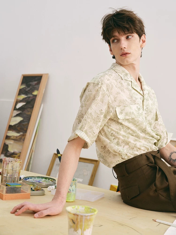 Botanical Print Cuban Collar Shirt