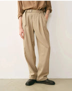 Wool Blend Pleated Belted Trousers