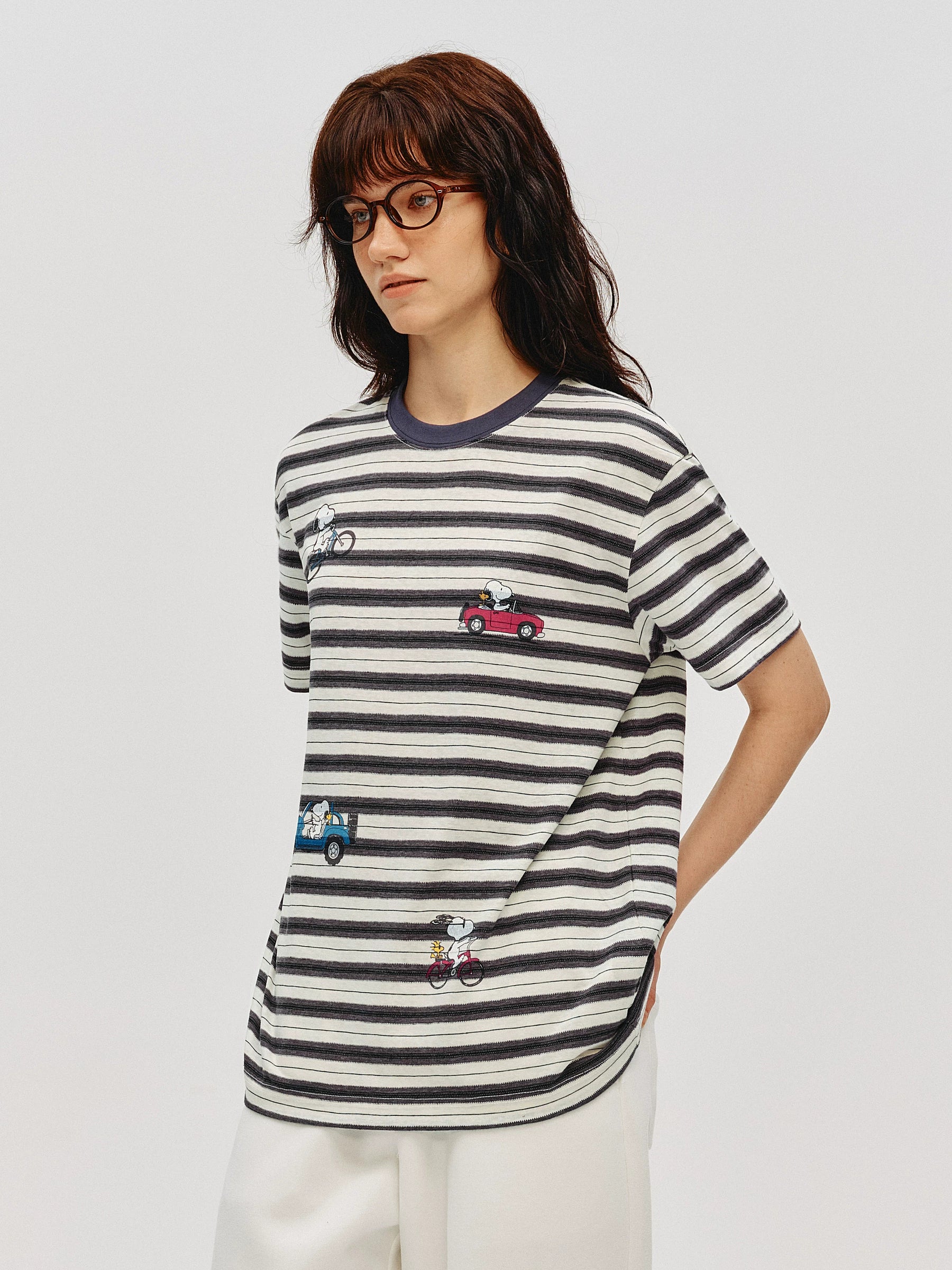 Snoopy Graphic Striped Cotton T-Shirt