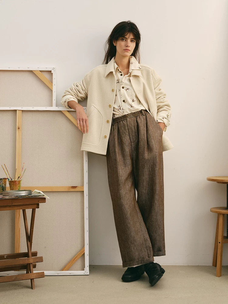 Linen Blend Elastic Waist Cropped Trousers