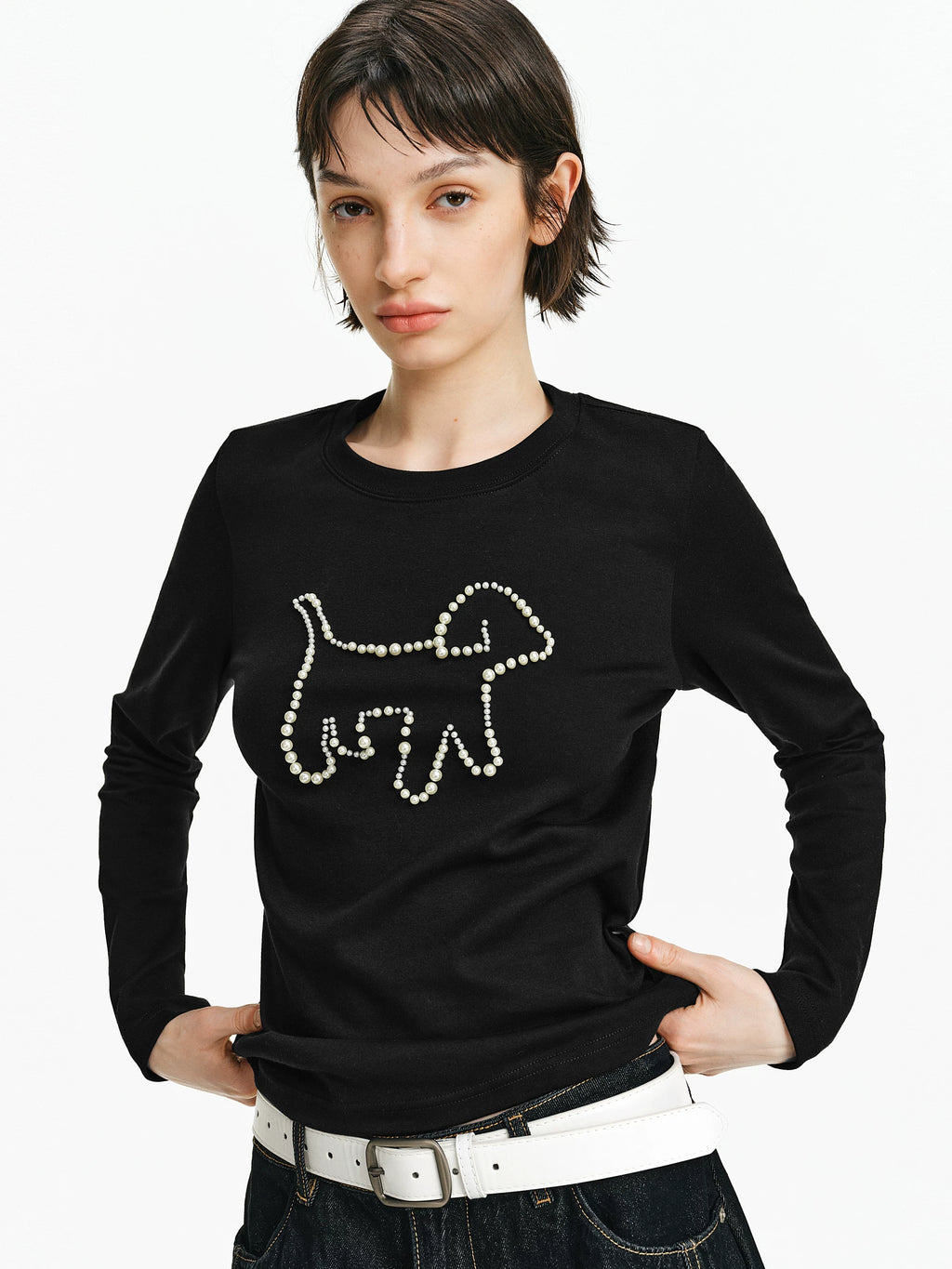 Pearl Embellished Puppy Long Sleeve T-Shirt