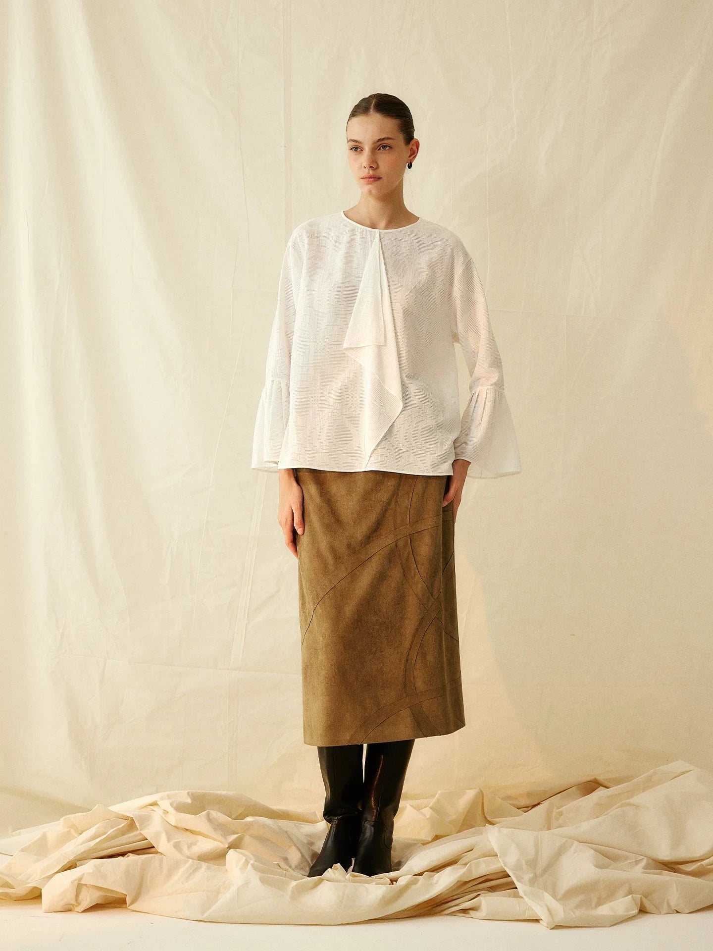 Textured Abstract Embroidered Bell-Sleeve Blouse