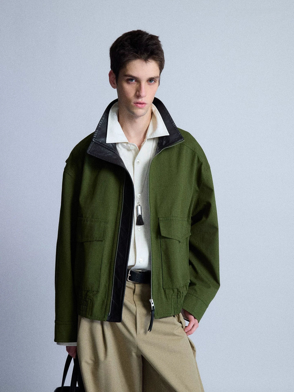 Leather-Trimmed Wool Blend Bomber Jacket
