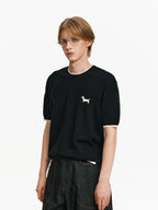 Puppy Embroidered Contrast Trim Knit Top
