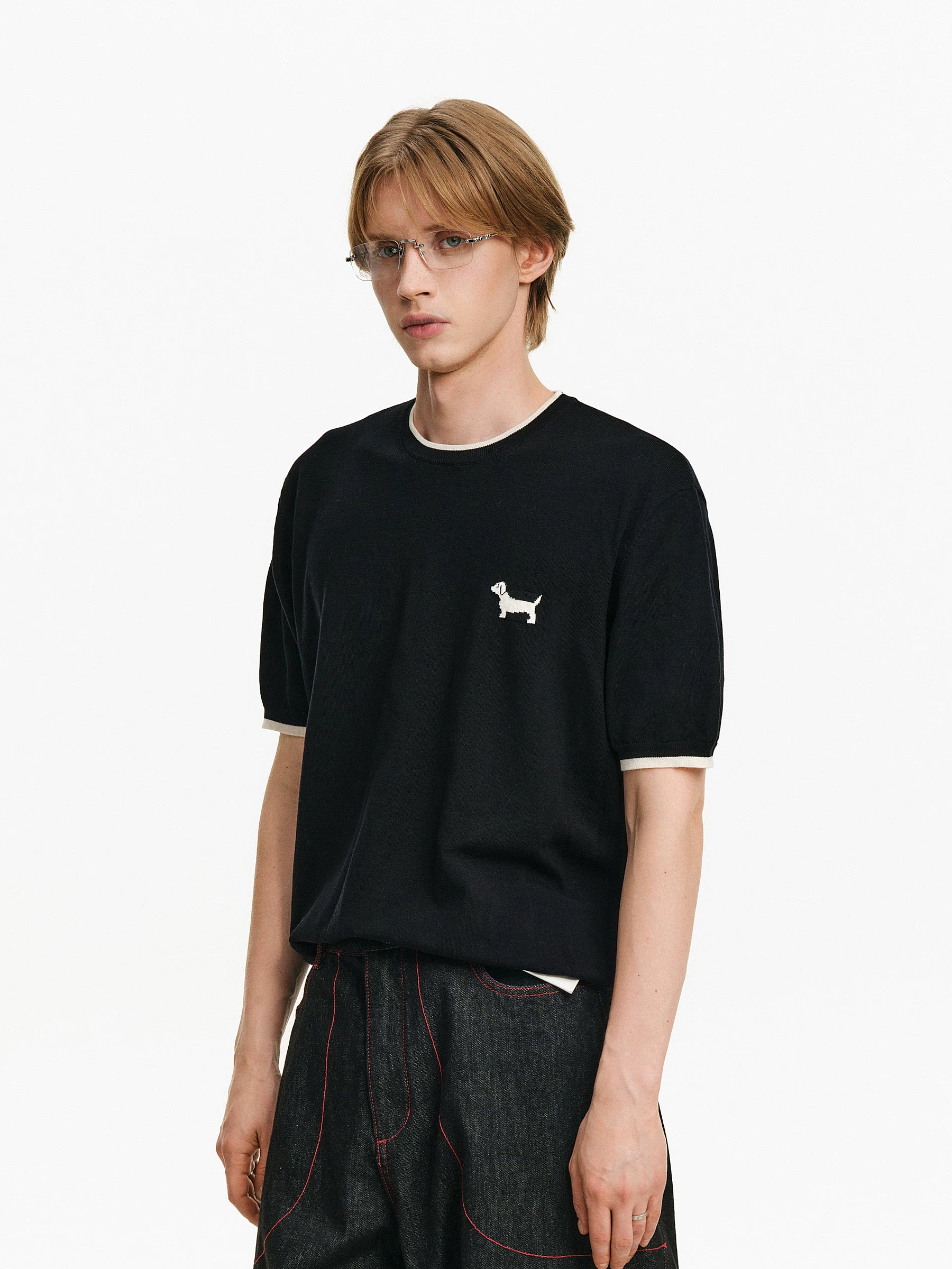 Puppy Embroidered Contrast Trim Knit Top
