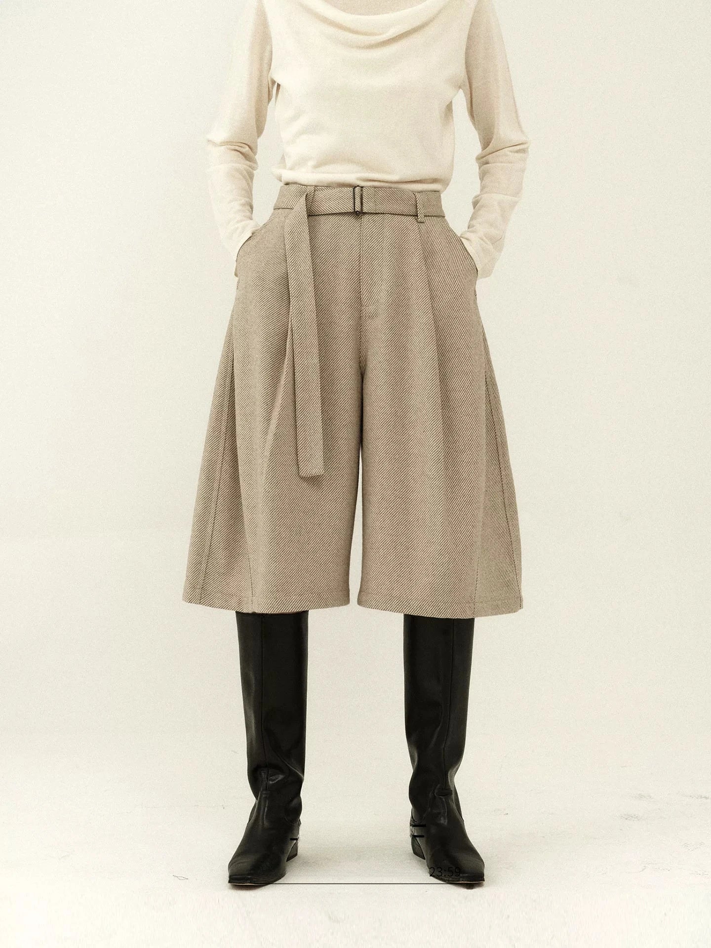Belted Wool Twill Culottes