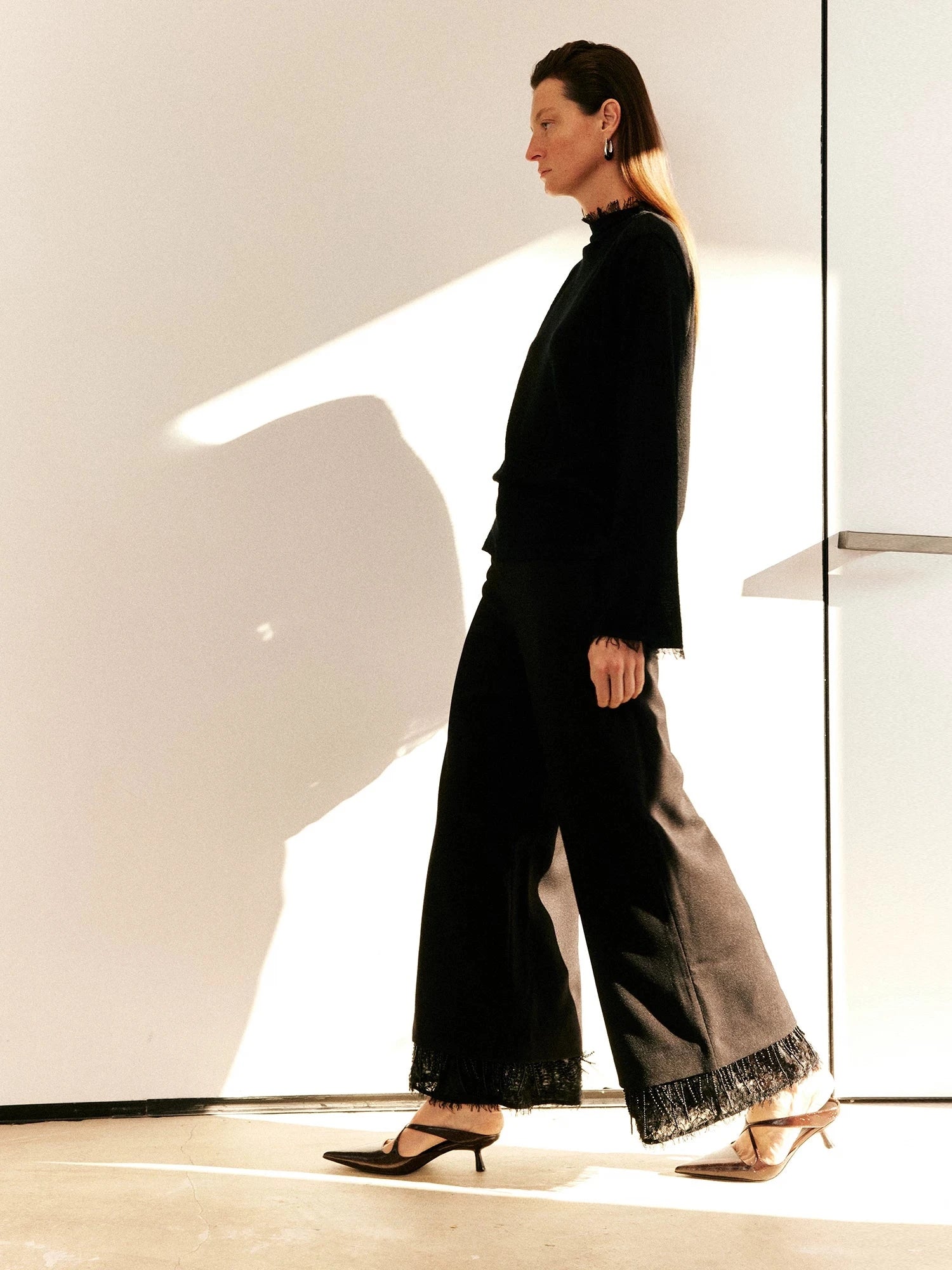 Beaded Fringe Hem Wide-Leg Pants