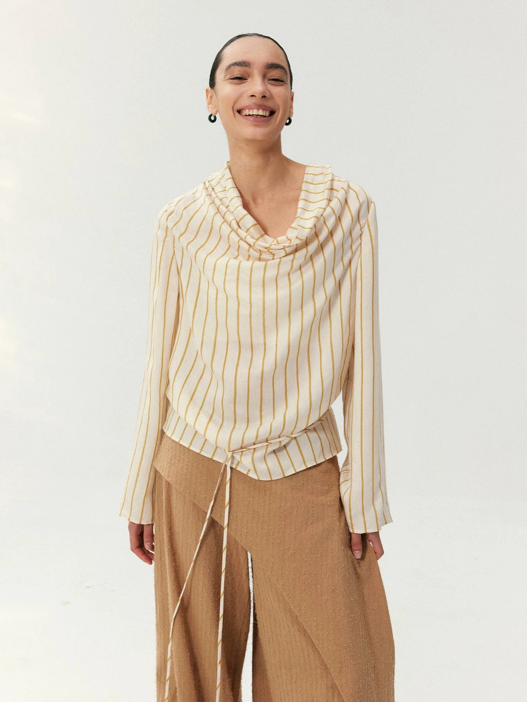 Silk Blend Striped Cowl Neck Shirt