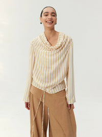 Silk Blend Striped Cowl Neck Shirt