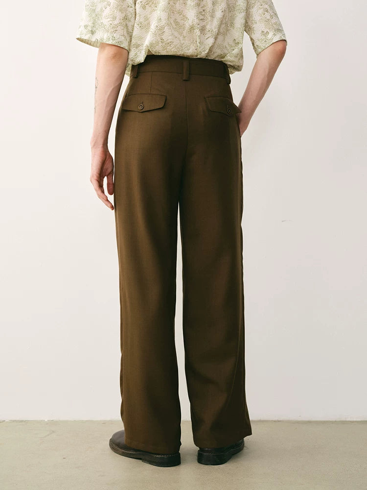 Olive Wool Blend Pleated Trousers