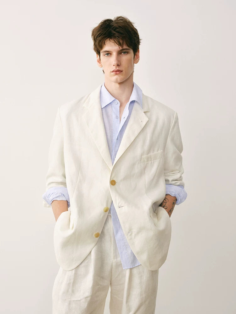 Italian Linen Pleated Button-Down Shirt
