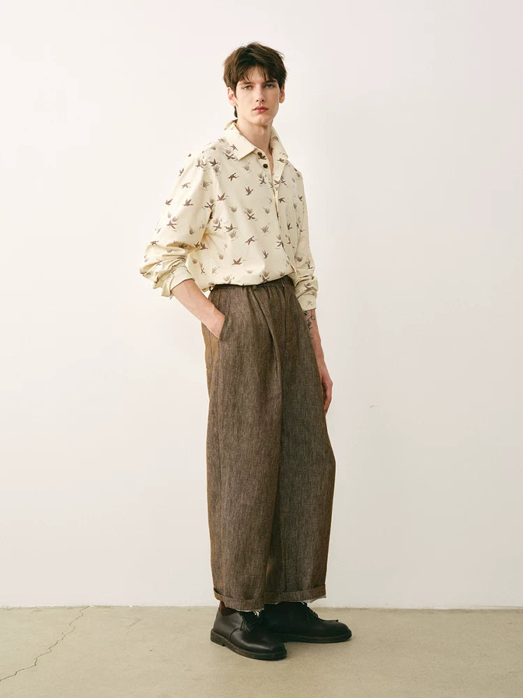 Linen Blend Elastic Waist Cropped Trousers