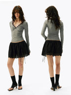 Lace-Trimmed Twist-Front Long Sleeve Top
