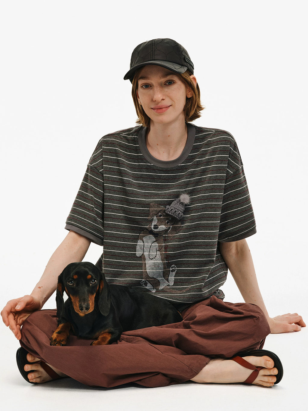 Dachshund Graphic Striped Cotton T-Shirt