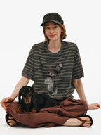 Dachshund Graphic Striped Cotton T-Shirt