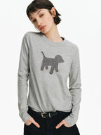 Embroidered Plaid Dog Crew Neck Top