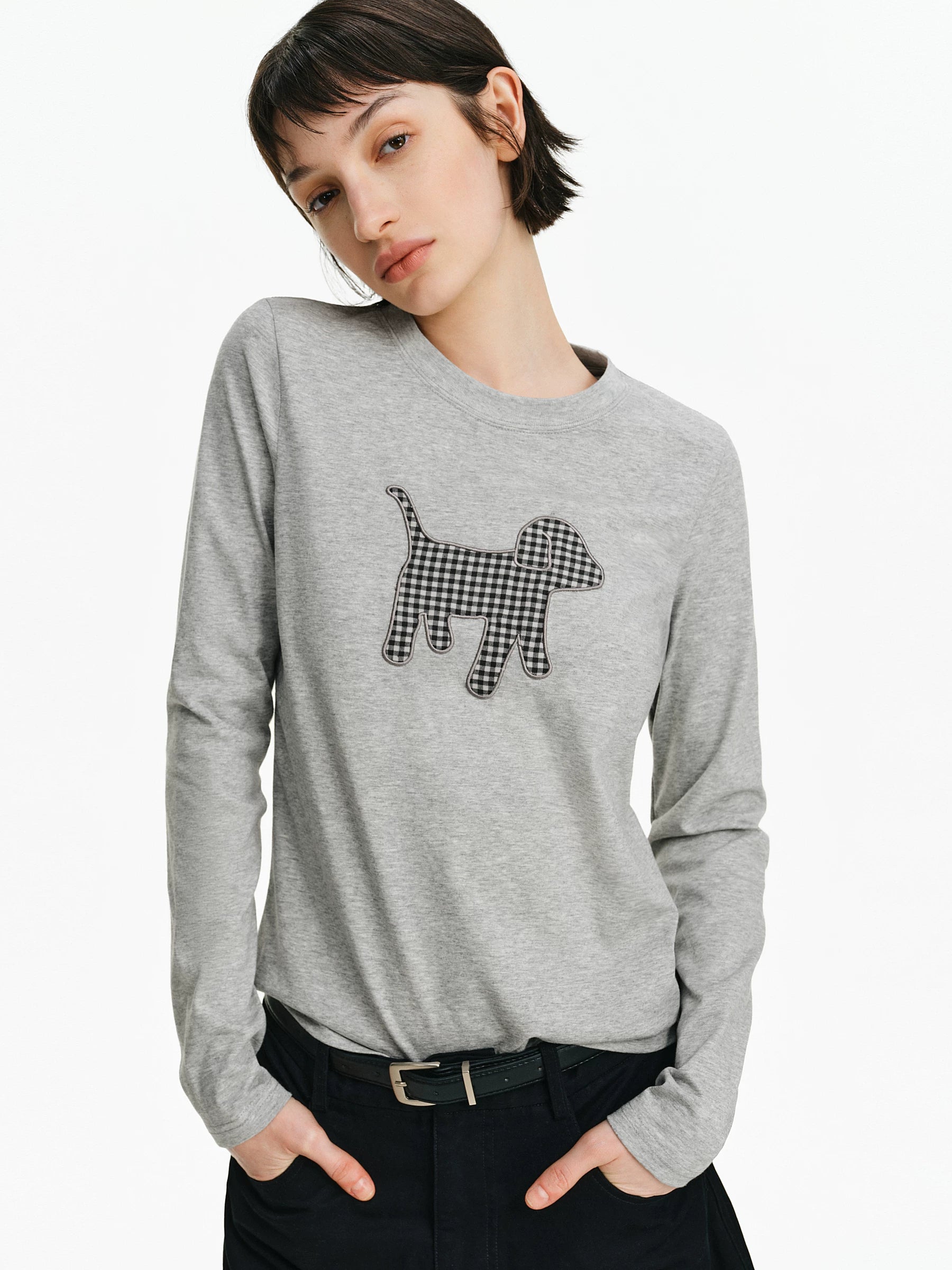 Embroidered Plaid Dog Crew Neck Top