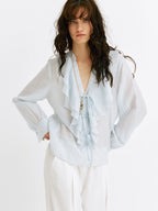 Ruffled V-Neck Striped Tencel Shirt