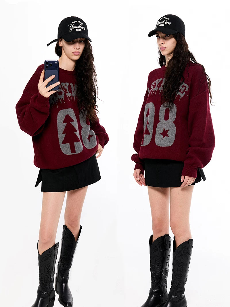 Asymwe Ankesela Red Christmas Jacquard Cotton Yarn Thick Short Wide Silhouette Loose Lazy Pure Cotton Round Neck Sweater