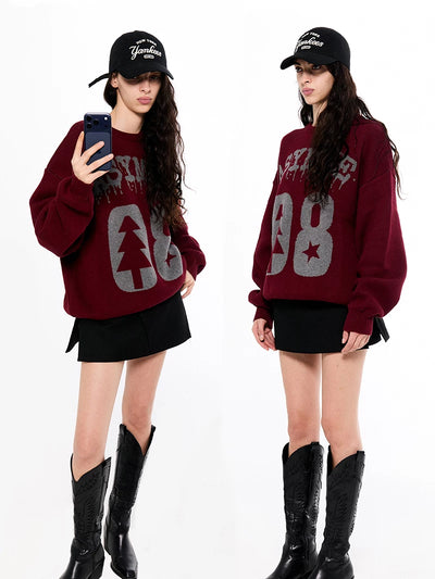 Asymwe Ankesela Red Christmas Jacquard Cotton Yarn Thick Short Wide Silhouette Loose Lazy Pure Cotton Round Neck Sweater