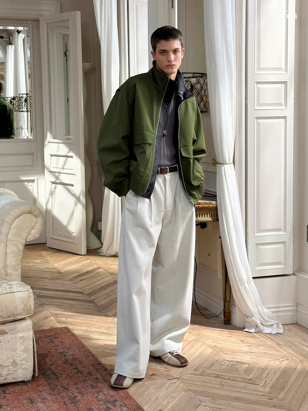 Pleated Wide-Leg Twill Trousers