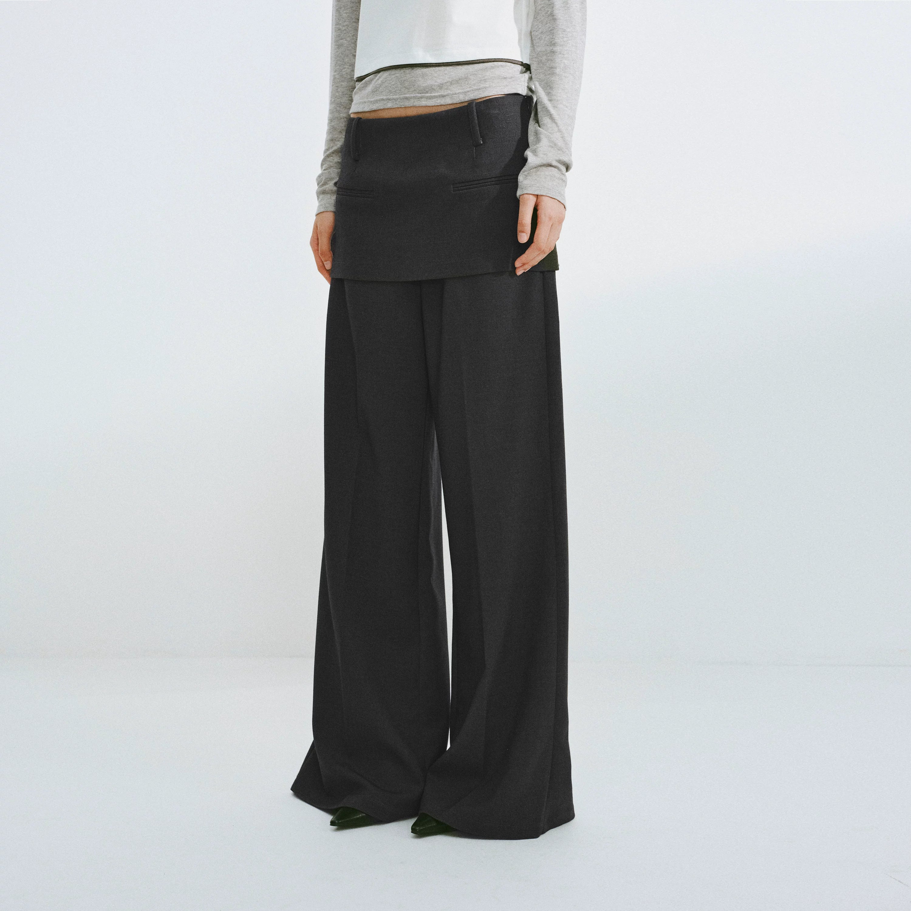 Layered Faux-Skirt Wide-Leg Trousers