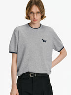 Puppy Embroidered Contrast Trim Knit Top