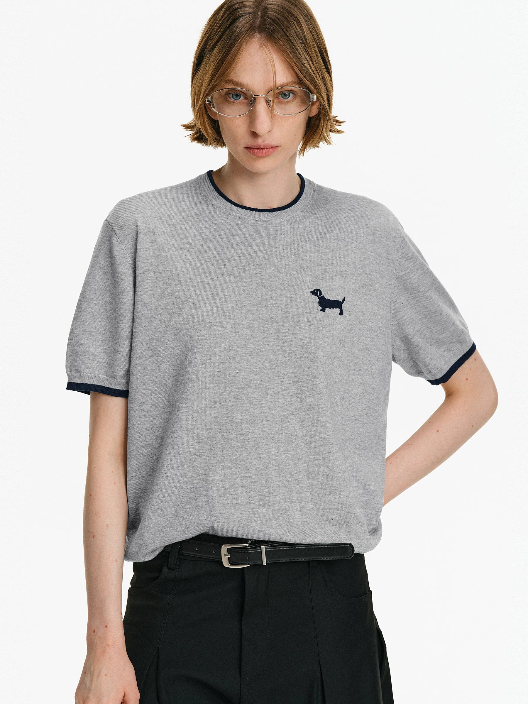 Puppy Embroidered Contrast Trim Knit Top