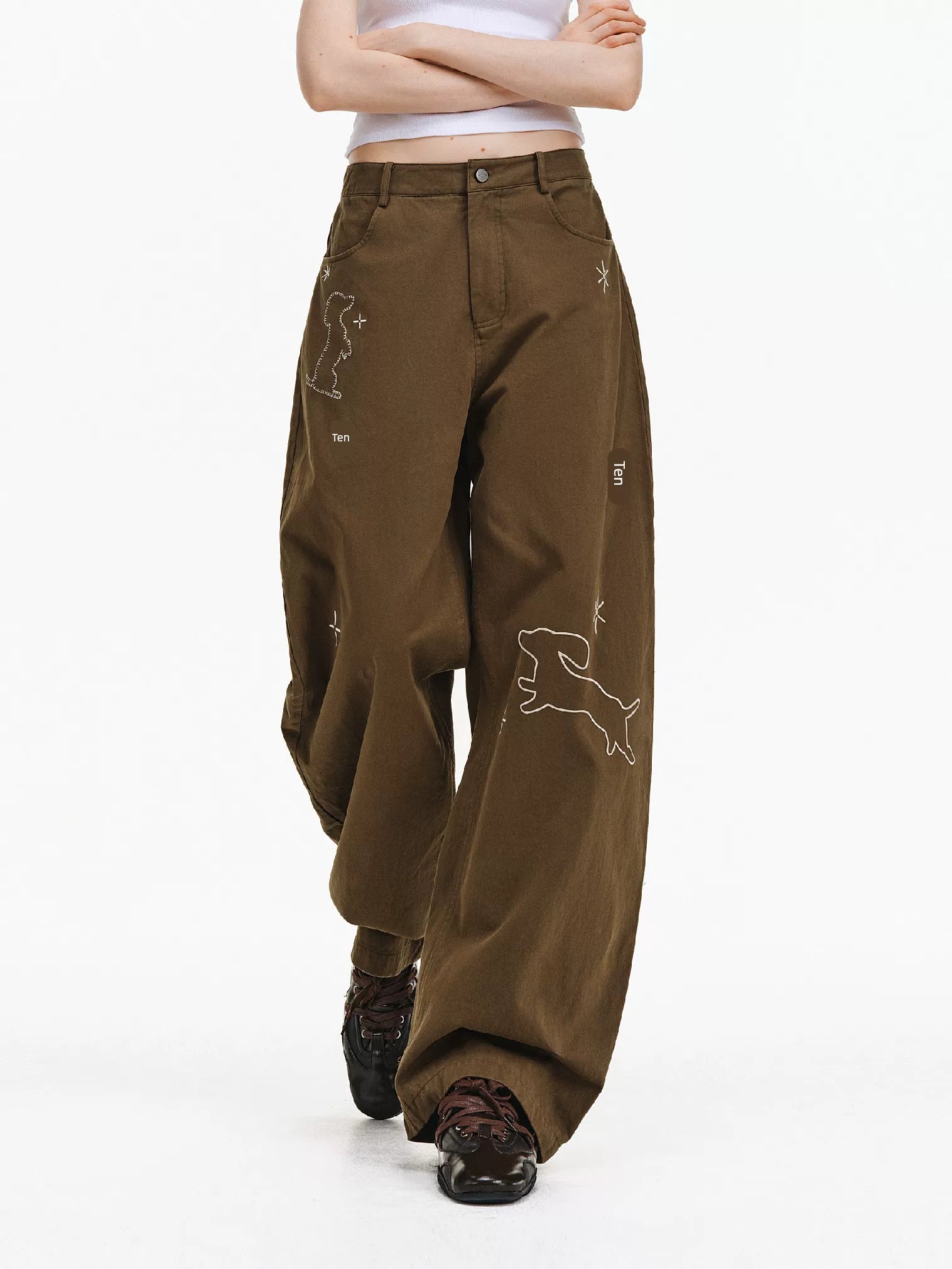 Embroidered Puppy Motif Wide-Leg Trousers
