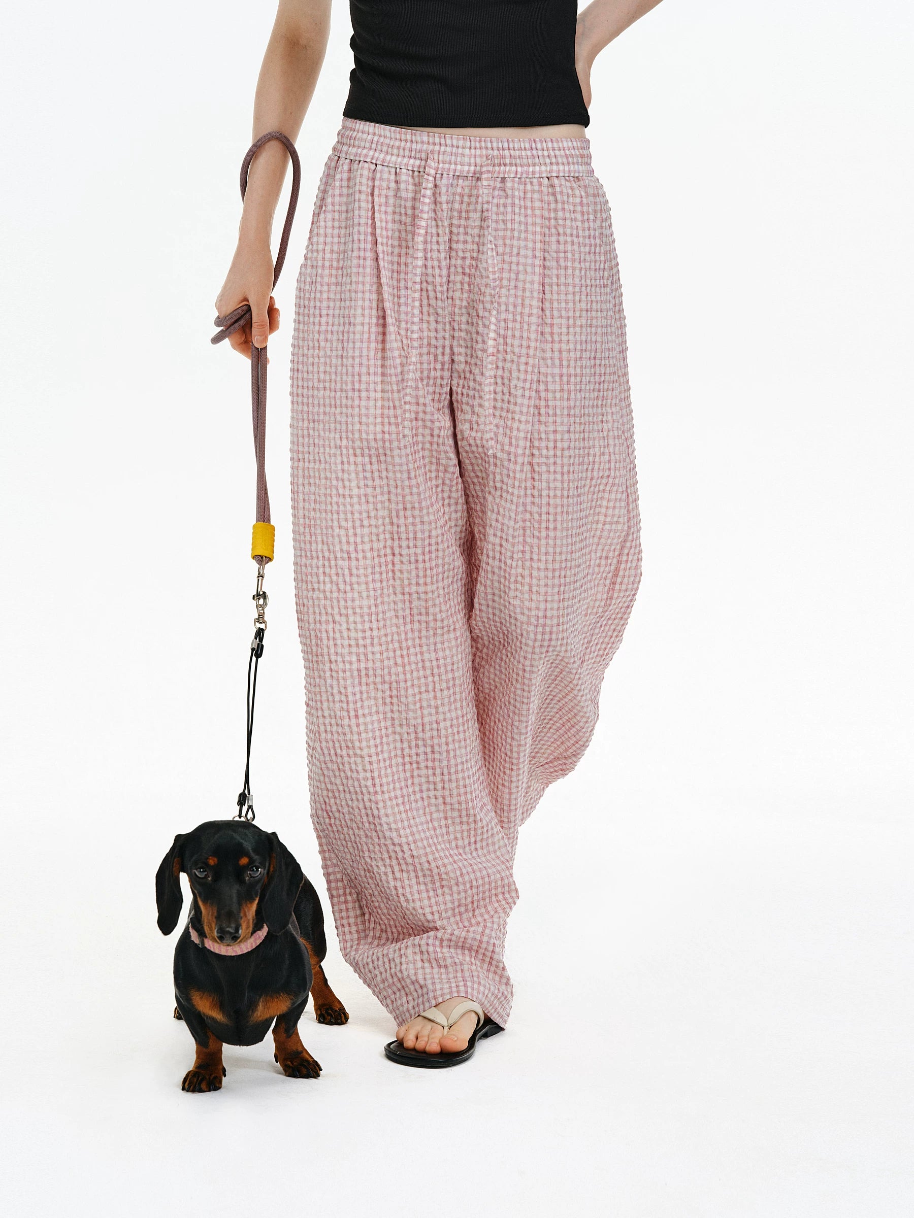 Gauze Checkered Wide-Leg Trousers