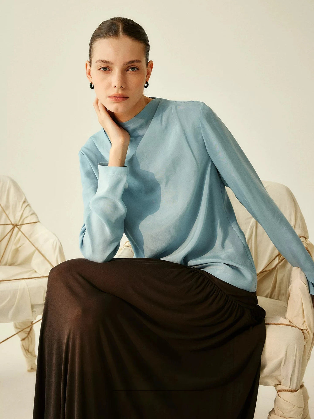 Sky Blue Mock Neck Silk Blouse