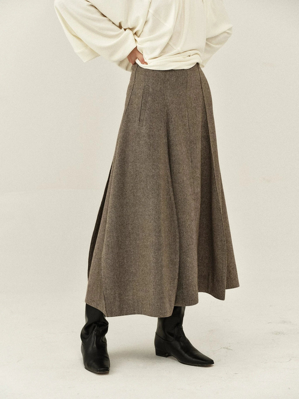 Herringbone Wool Curved Hem Skirt