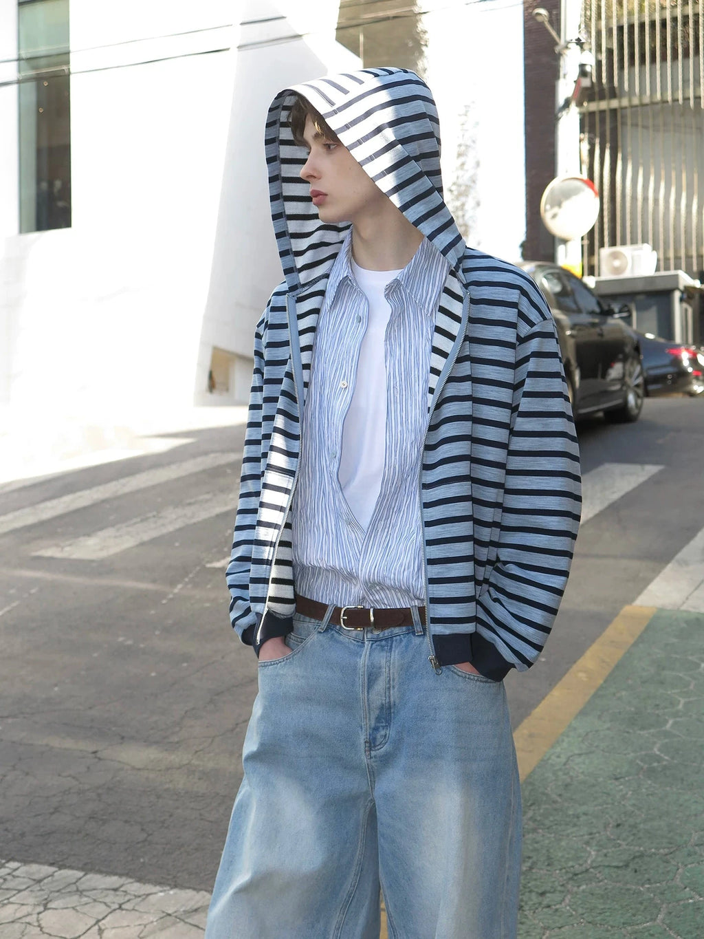 Striped Zip-Up Hooded Cardigan