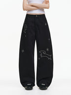 Embroidered Puppy Motif Wide-Leg Trousers