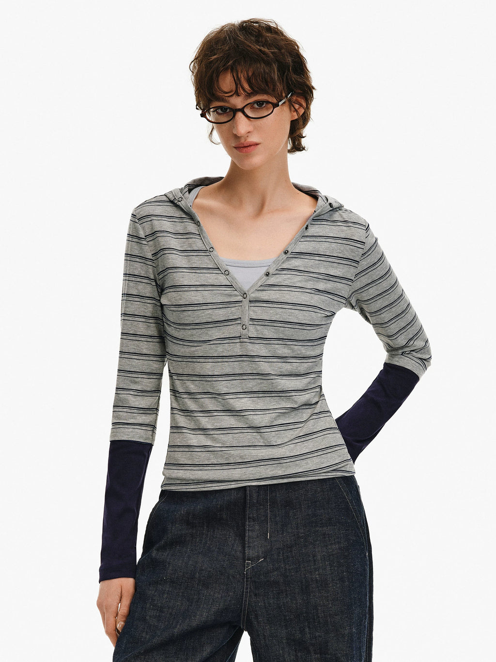 Layered Striped Hooded Long-Sleeve Top