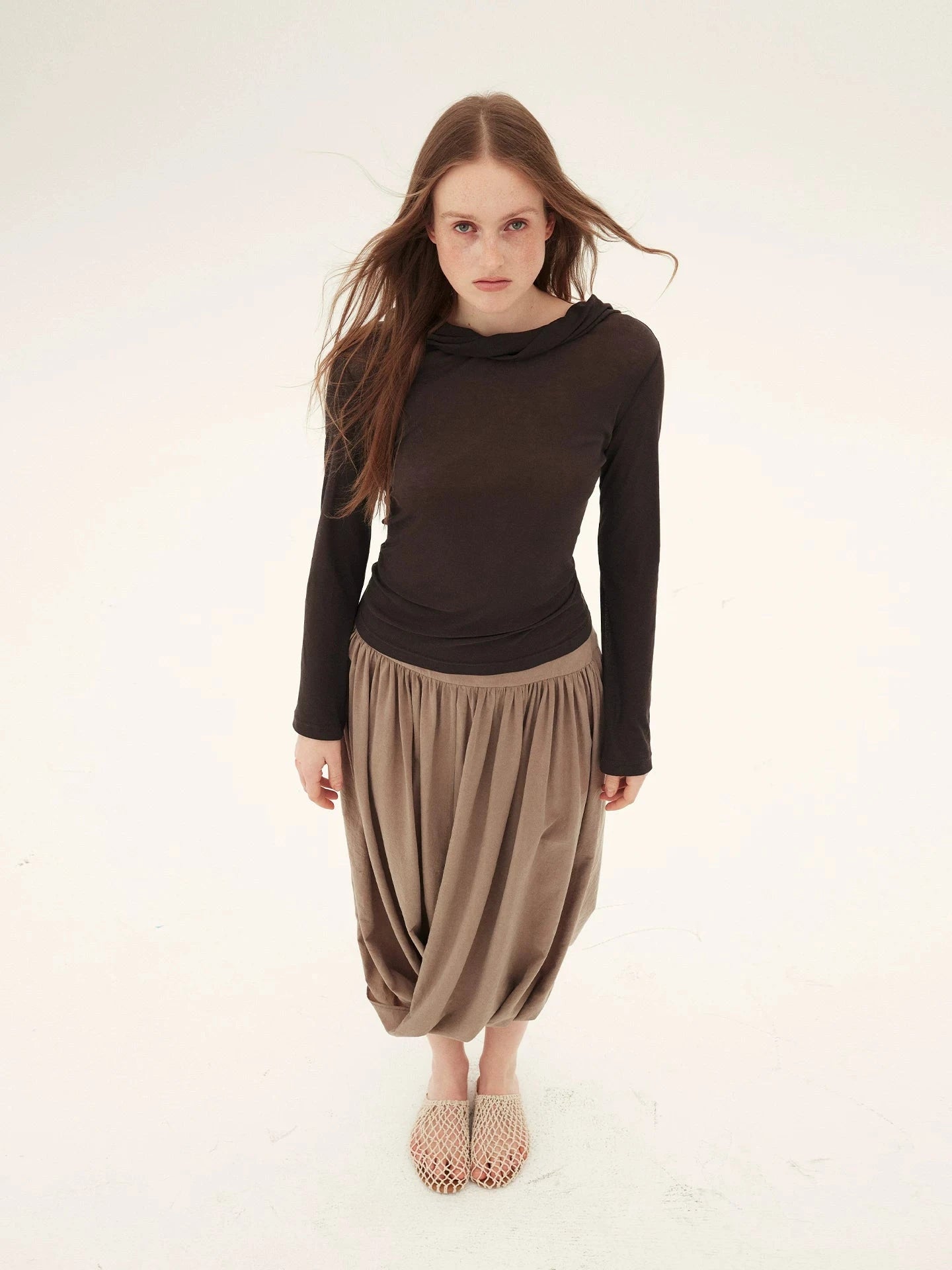 Draped Collar Long Sleeve Top