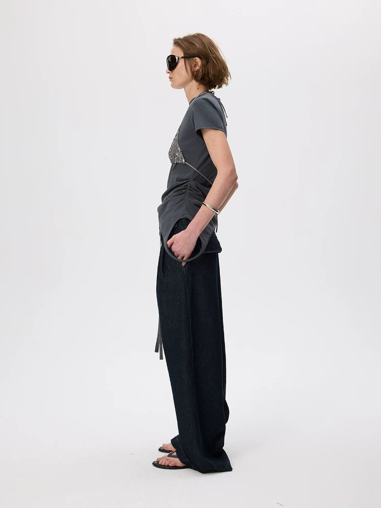 Asymmetric Pleated Cotton T-Shirt With Sequin Overlay