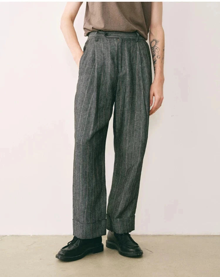 Pleated Striped Linen Trousers