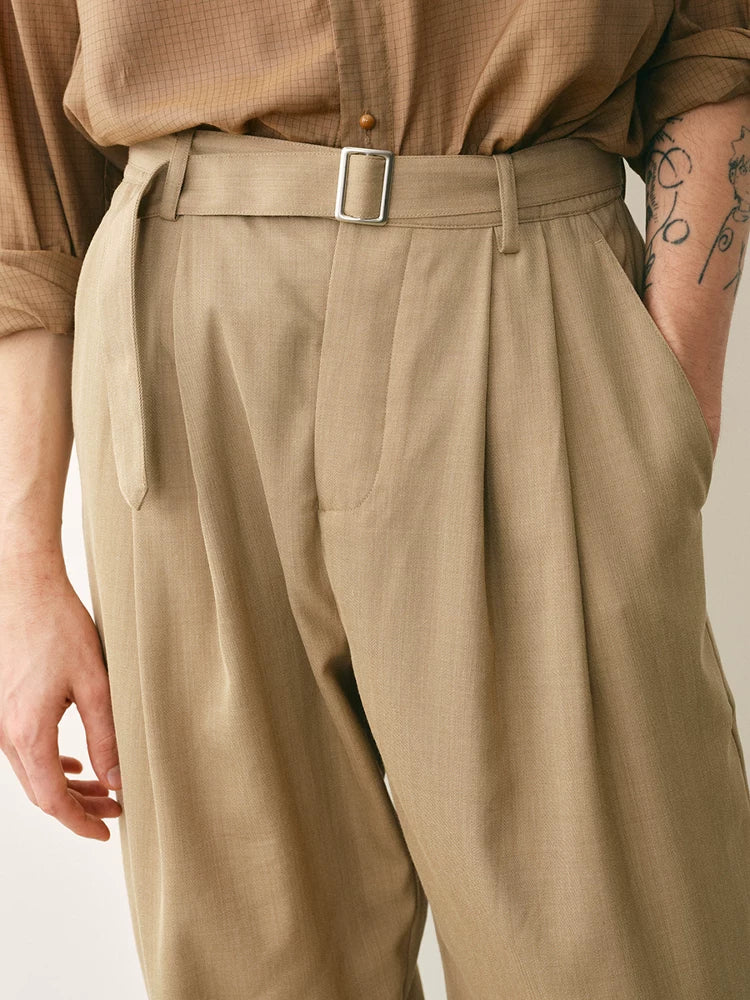 Wool Blend Pleated Belted Trousers