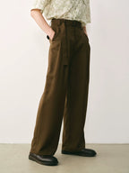Olive Wool Blend Pleated Trousers